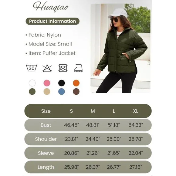 Huaqiao Womens Quilted Puffer Jackets Lightweight Zipper Short Padded Coat - Picture 6 of 9